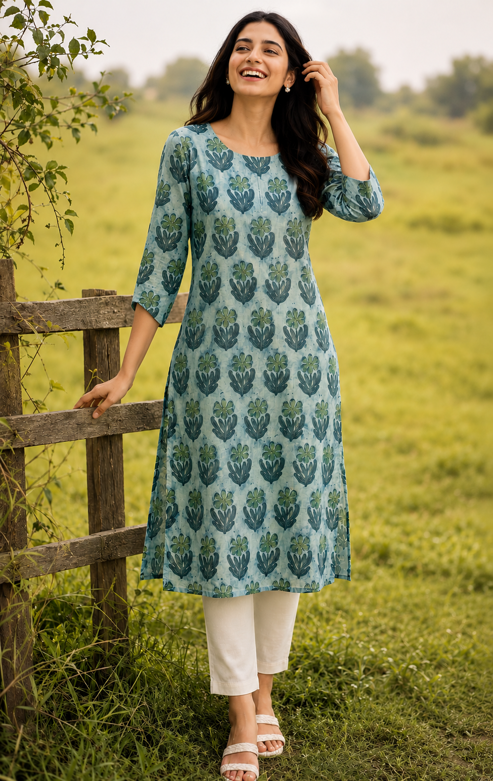 Hand block printed cotton kurti with back corset lacing.