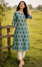 Hand block printed cotton kurti with back corset lacing.