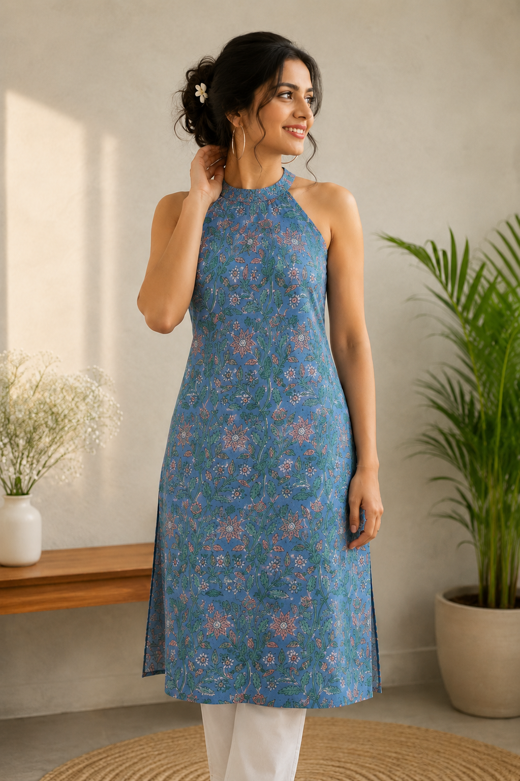 Blue floral hand block cotton kurti