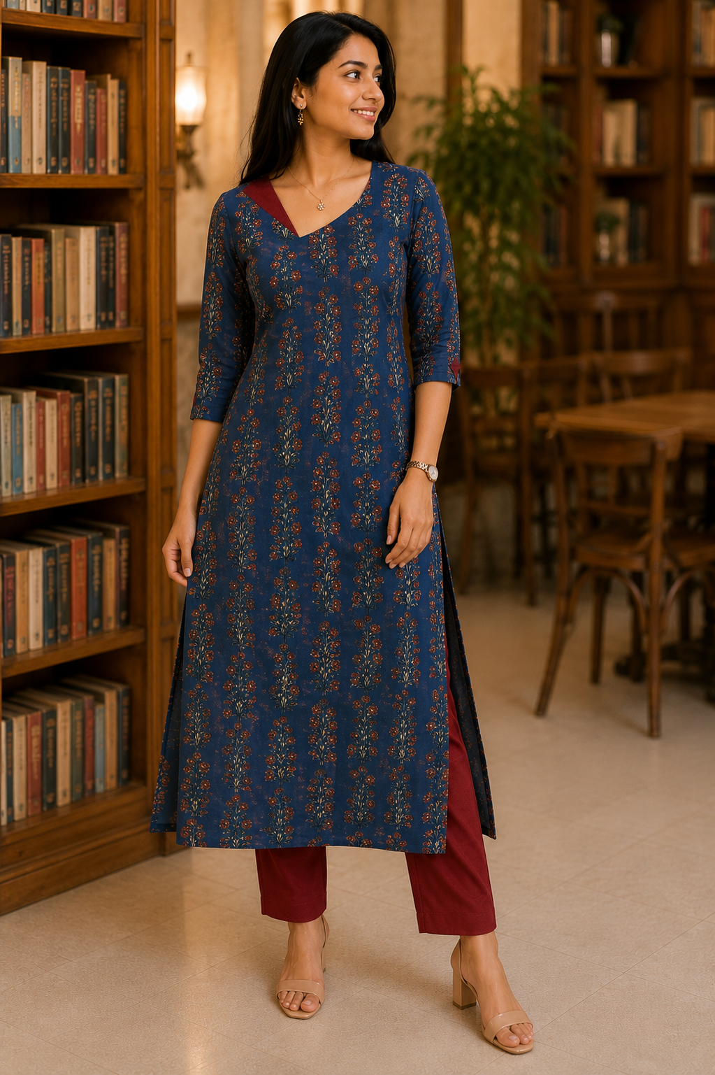 Blue bold neck cotton office wear kurti