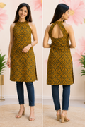 Yellow Ajrakh mul cotton sleeveless kurti