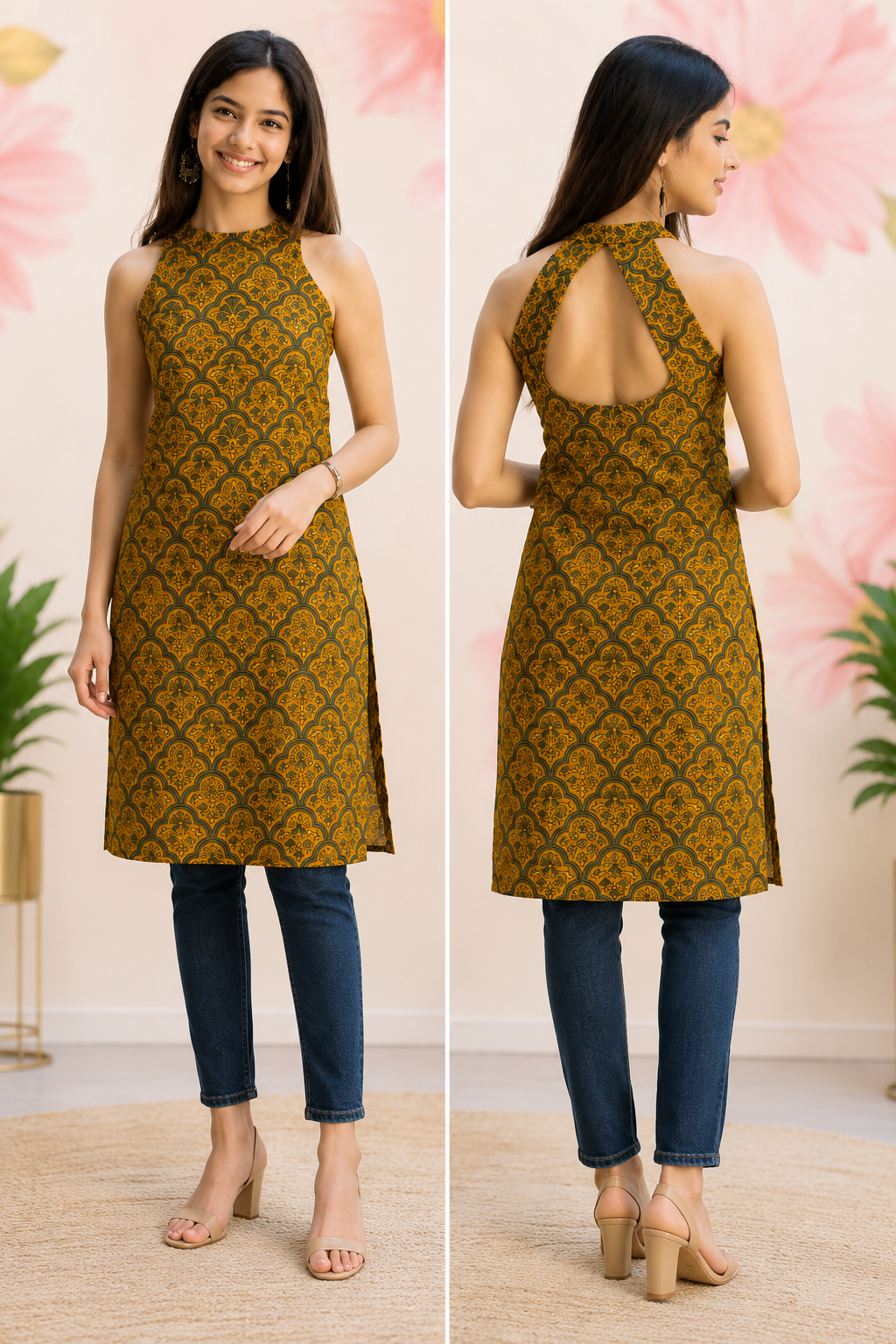 Yellow Ajrakh mul cotton sleeveless kurti