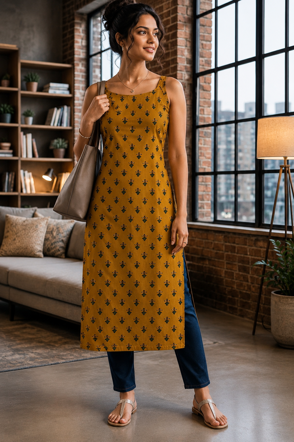 Yellow printed cotton kurti