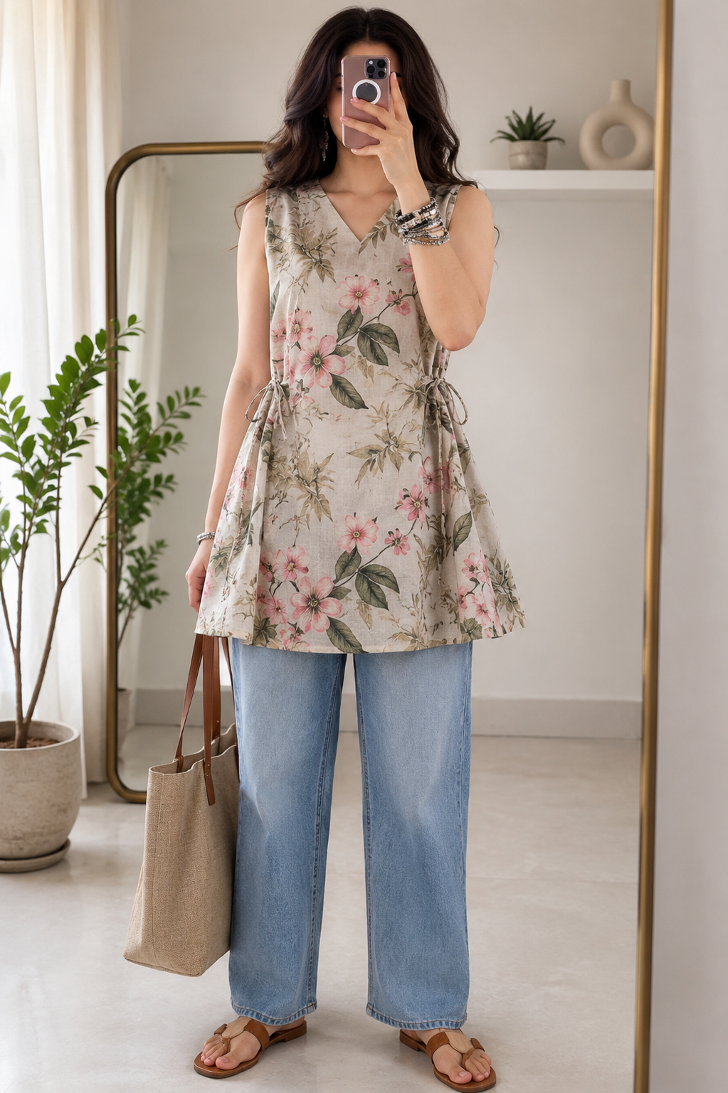 Light Green with Floral pattern sleeveless short Kurti