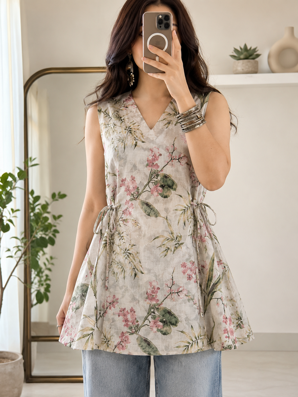 Light Green with Floral pattern sleeveless short Kurti