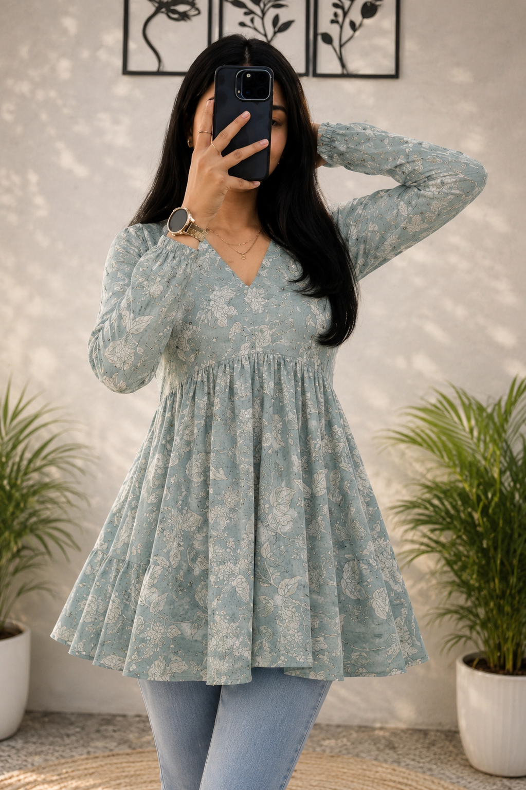 floral printed pure mul chanderi short kurti