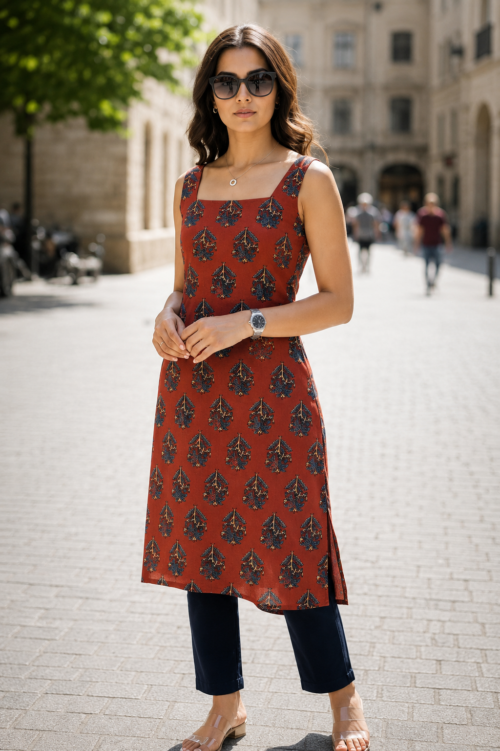 Red cotton hand block sleeveless long kurti