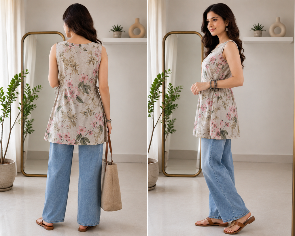 Light Green with Floral pattern sleeveless short Kurti