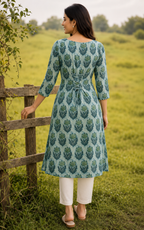 Hand block printed cotton kurti with back corset lacing.