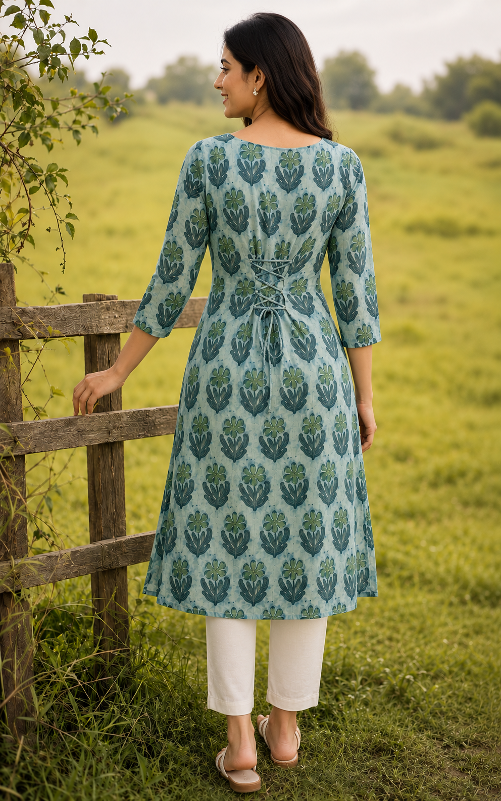 Hand block printed cotton kurti with back corset lacing.