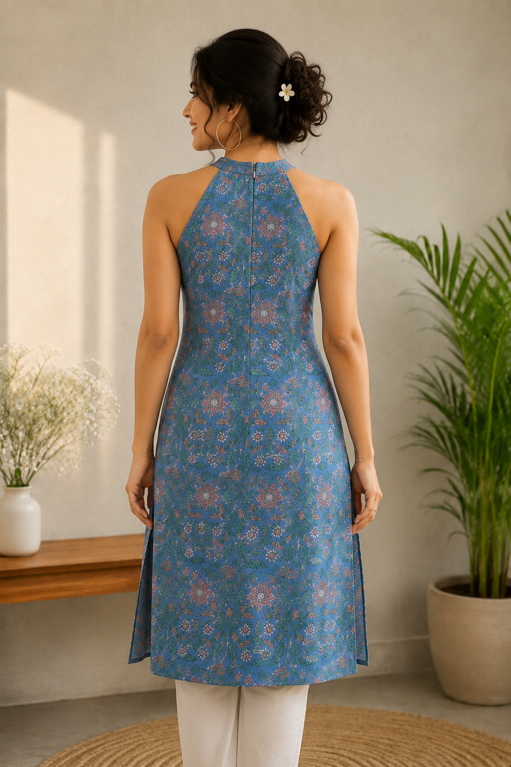 Blue floral hand block cotton kurti