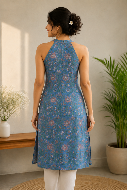 Blue floral hand block cotton kurti