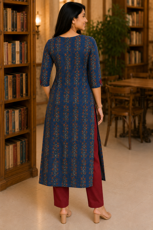Blue bold neck cotton office wear kurti