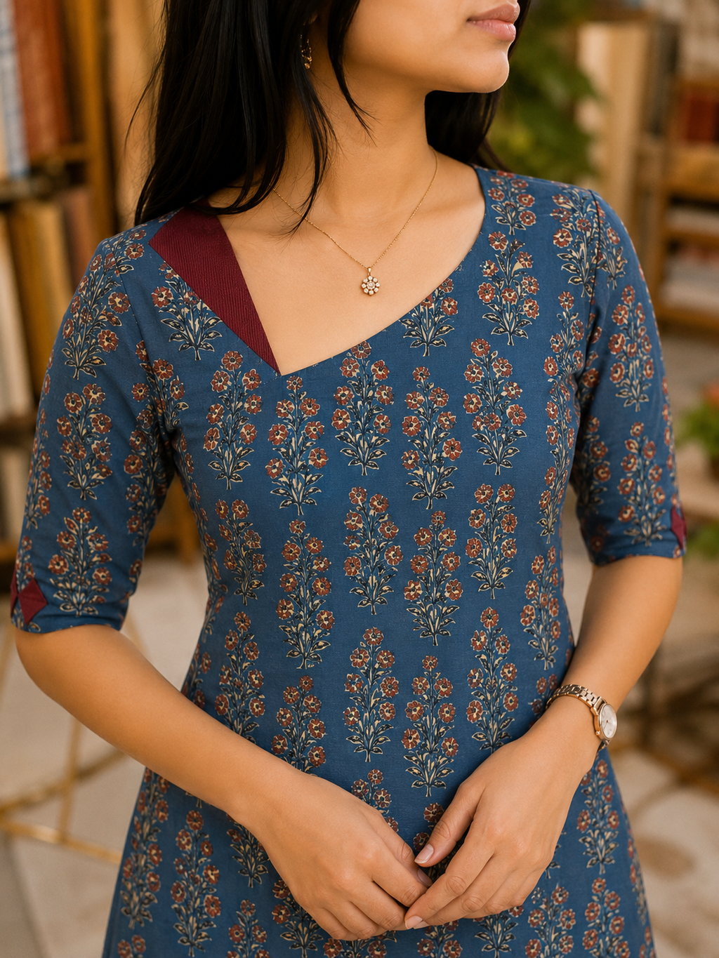 Blue bold neck cotton office wear kurti