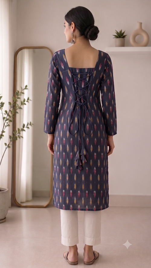 Blue printed laced cotton kurti