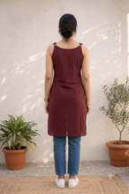 Maroon printed sleeveless cotton kurti