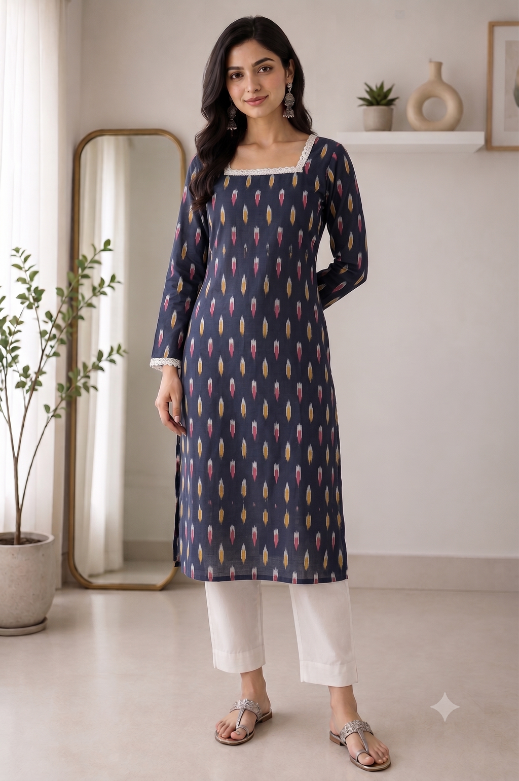 Blue printed laced cotton kurti