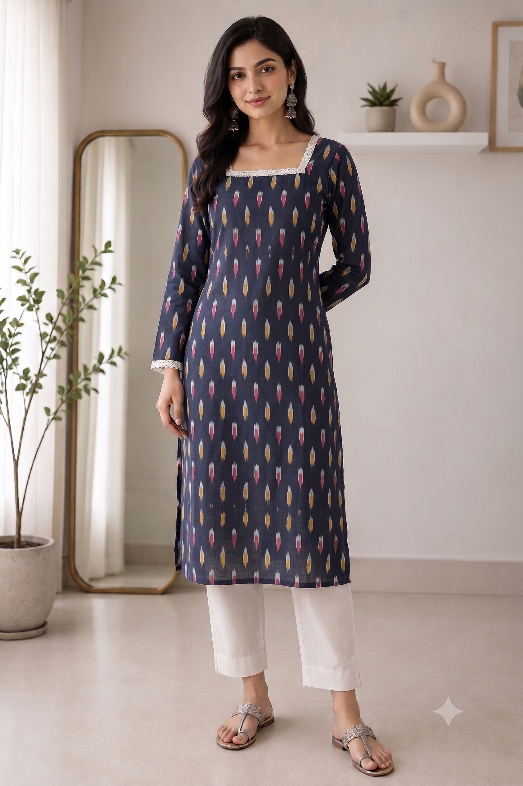 Blue printed laced cotton kurti