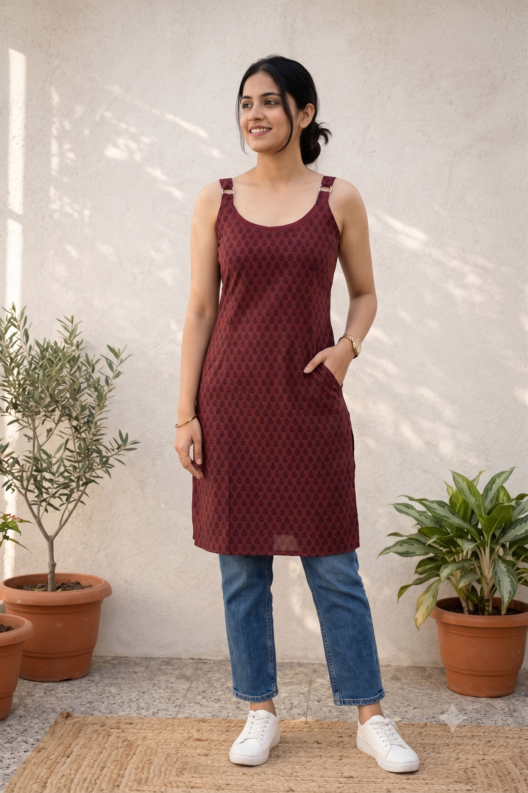Maroon printed sleeveless cotton kurti
